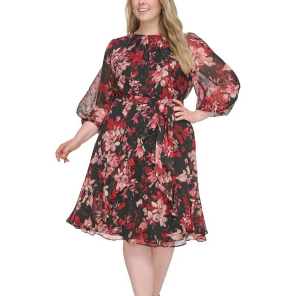 Jessica Howard Plus Size Clip-Dot Chiffon Belted MIDI Dress - Black Red  (NWT) - Picture 4 of 7